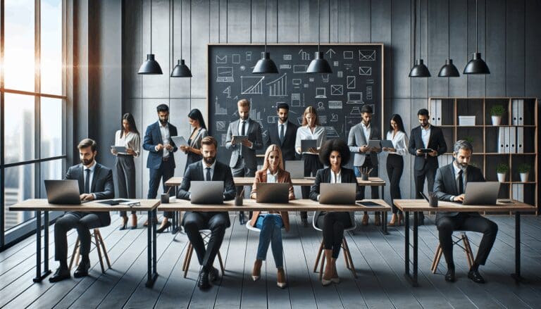 Emprendedores trabajando en laptops frente a una pizarra digital en una oficina moderna.