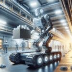 Un robot avanzado trabajando en una mina subterránea iluminada.