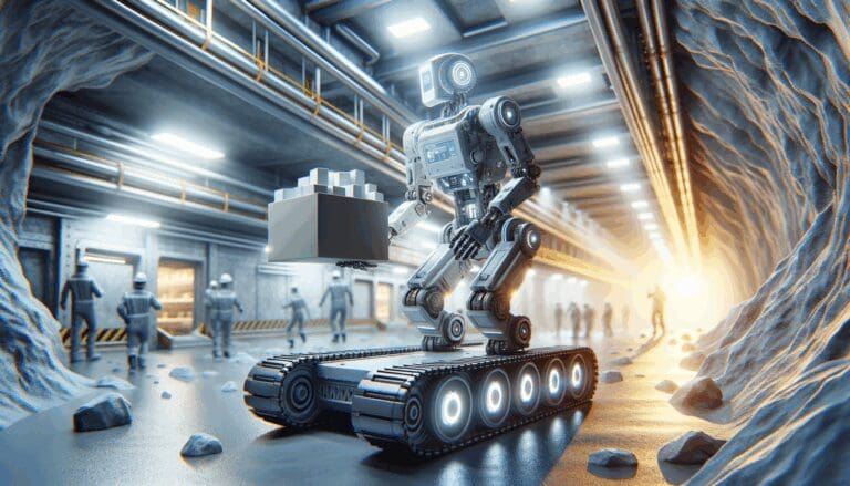 Un robot avanzado trabajando en una mina subterránea iluminada.