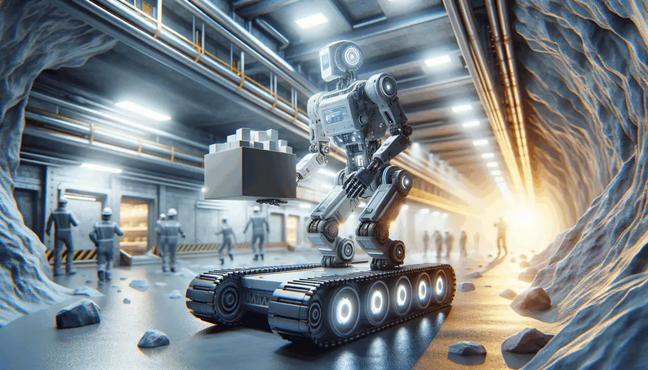 Un robot avanzado trabajando en una mina subterránea iluminada.