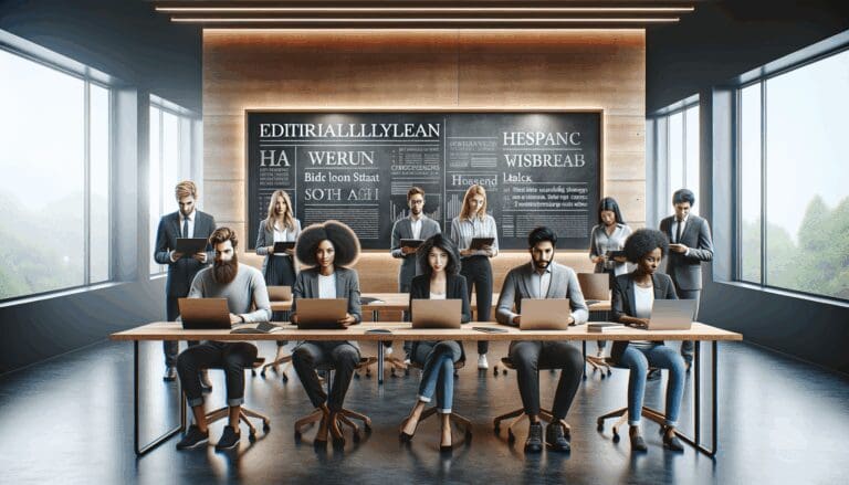 Equipo multicultural de emprendedores reunido en un espacio de coworking moderno con pizarras digitales y laptops.