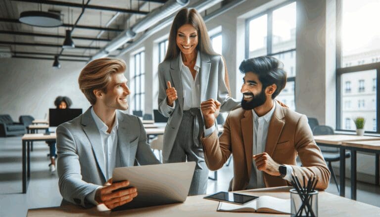 Emprendedores colaborando en un espacio de coworking moderno y luminoso.