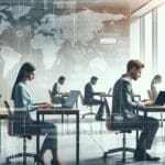 Personas trabajando en laptops en un espacio de coworking moderno, con gráficos digitales sobrepuestos.