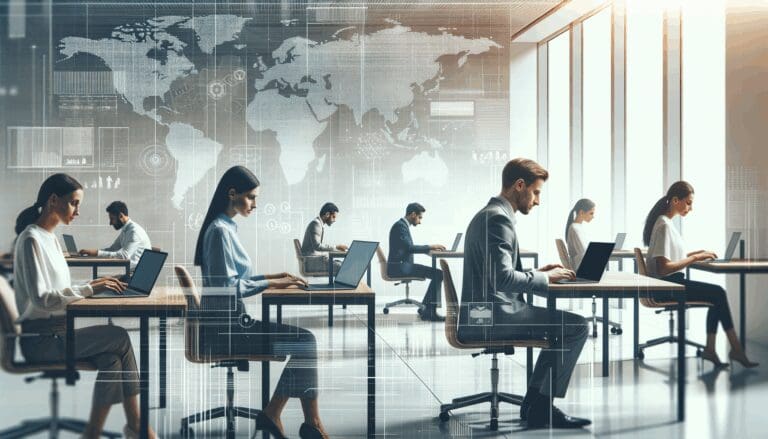 Personas trabajando en laptops en un espacio de coworking moderno, con gráficos digitales sobrepuestos.