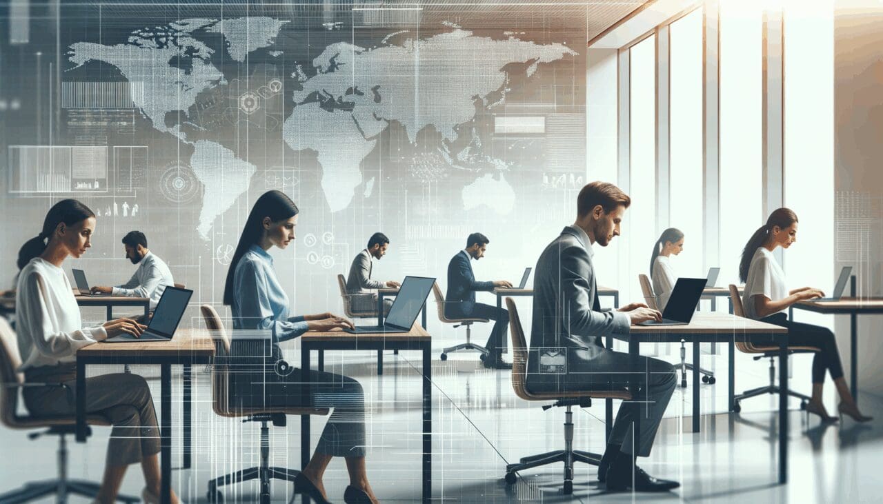 Personas trabajando en laptops en un espacio de coworking moderno, con gráficos digitales sobrepuestos.