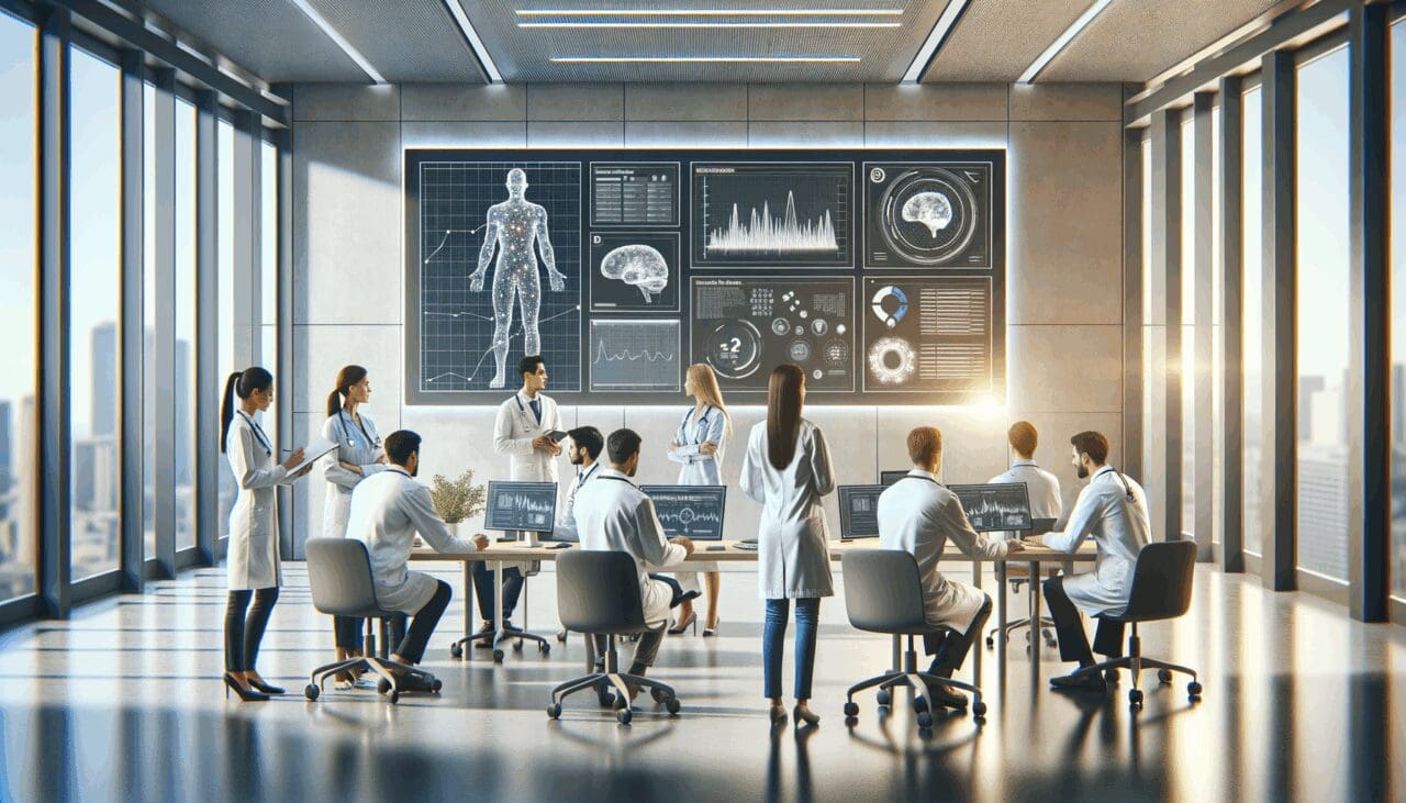Profesionales médicos y desarrolladores colaborando con pantallas que muestran gráficos de inteligencia artificial en un espacio moderno.