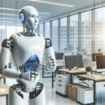 Un robot humanoide avanzado operando en un entorno de oficina moderna y luminosa.