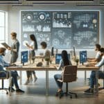 Oficina moderna con jóvenes emprendedores colaborando frente a pantallas que muestran gráficos y tecnología blockchain.