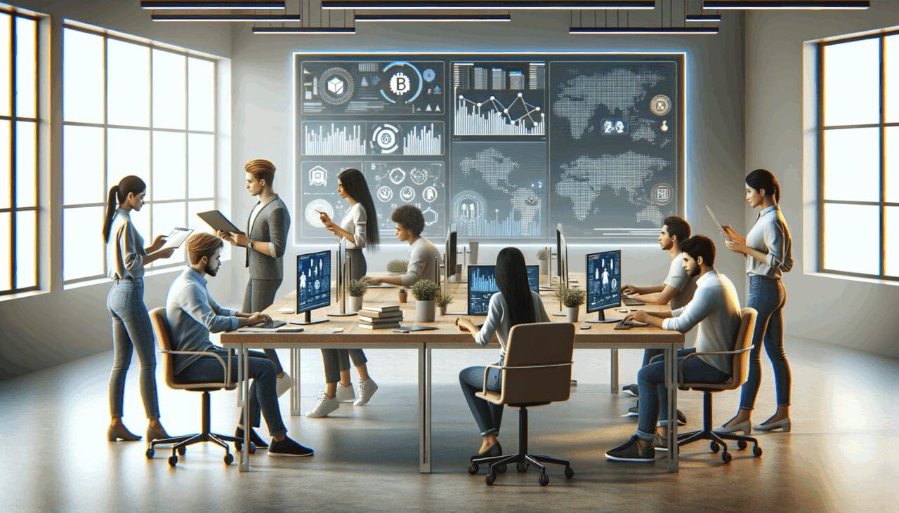Oficina moderna con jóvenes emprendedores colaborando frente a pantallas que muestran gráficos y tecnología blockchain.