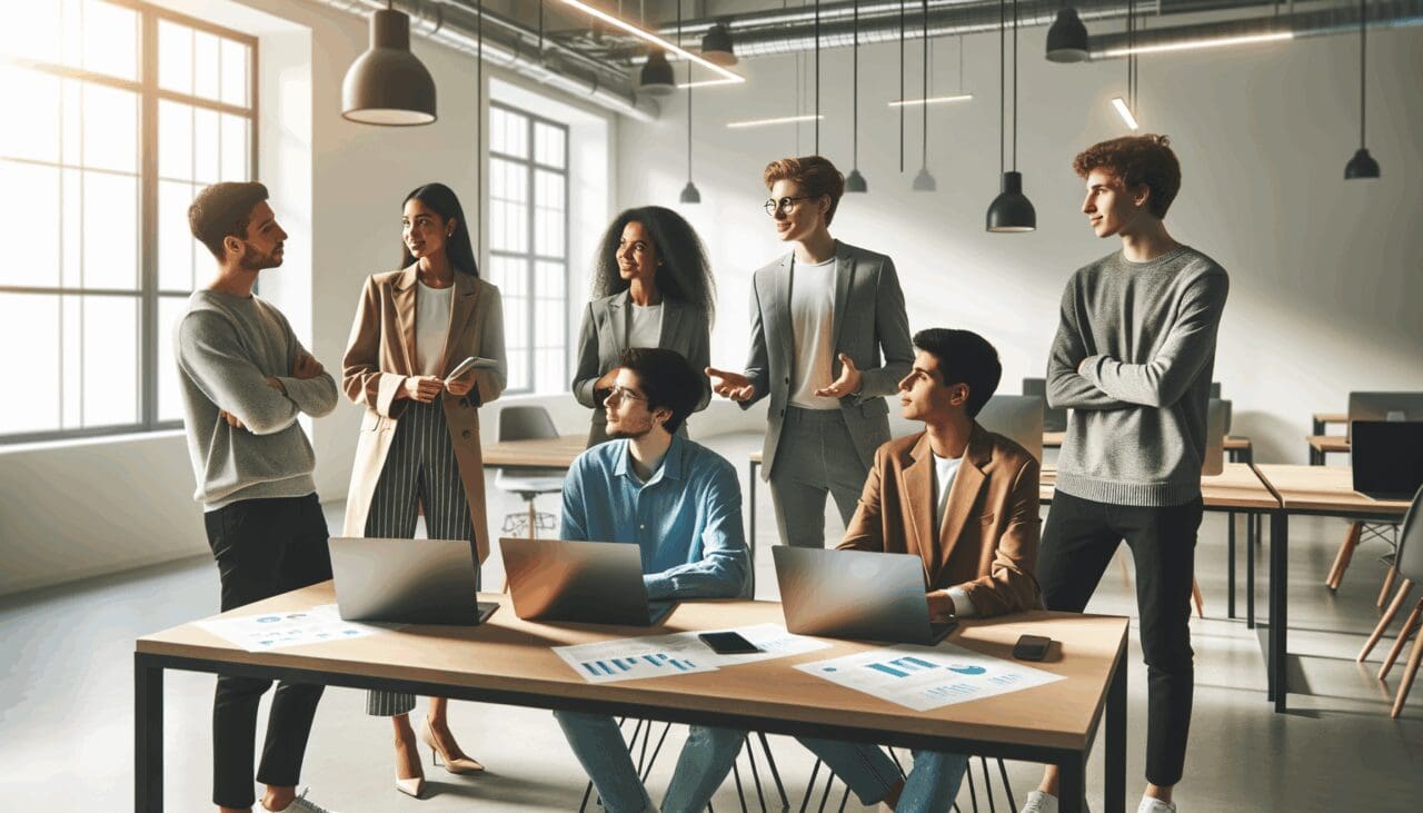 Jóvenes emprendedores debatiendo ideas en una sala de coworking moderna, laptops abiertas y ambiente colaborativo.