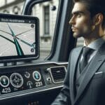 Conductor concentrado al volante mientras observa una interfaz digital de asistencia en ruta dentro de un vehículo moderno.