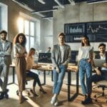 Emprendedores jóvenes colaborando en una oficina moderna con pantallas mostrando gráficos financieros y tecnología blockchain.