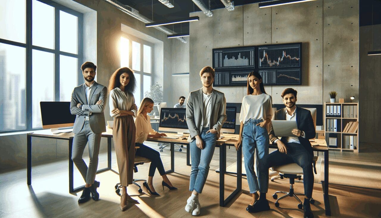 Emprendedores jóvenes colaborando en una oficina moderna con pantallas mostrando gráficos financieros y tecnología blockchain.