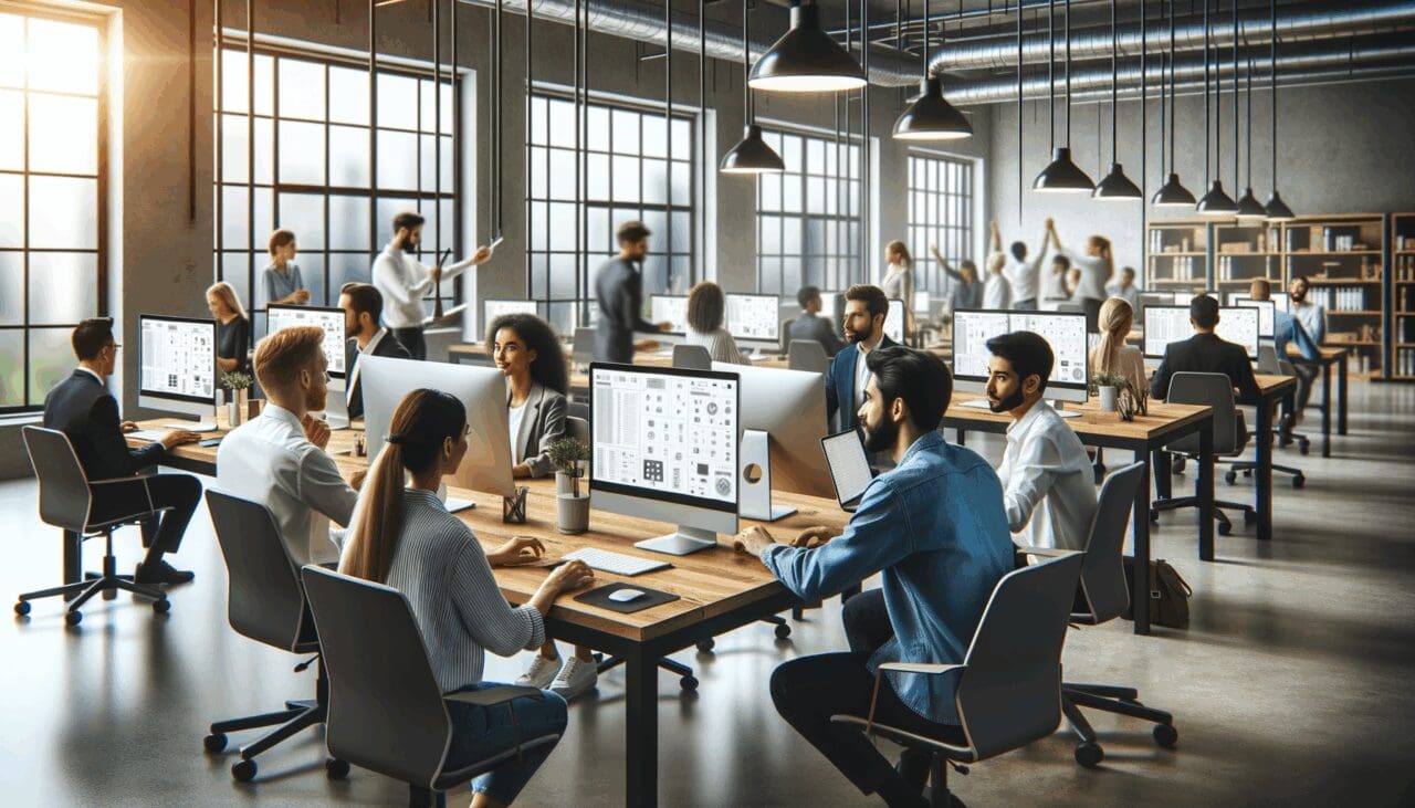 Oficina de startup tecnológica con computadores y equipo de trabajo multicultural.