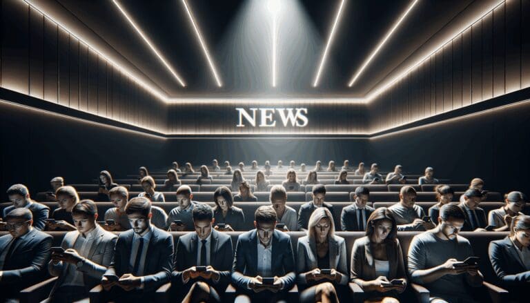 Personas usando dispositivos móviles dentro de un teatro moderno con luces tenues