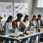 Jóvenes empresarios trabajando en laptops en una oficina moderna, rodeados de pizarras y gráficos de logística.