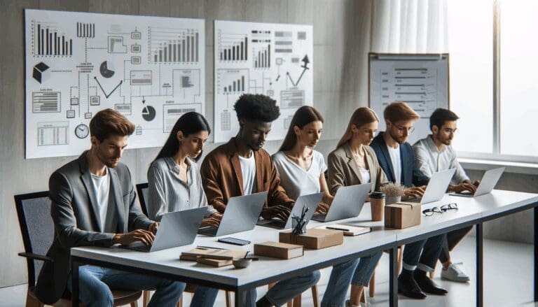 Jóvenes empresarios trabajando en laptops en una oficina moderna, rodeados de pizarras y gráficos de logística.