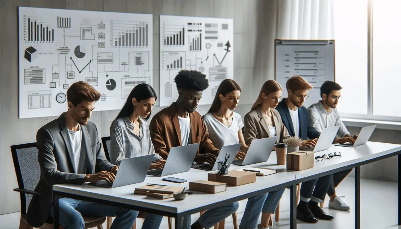Jóvenes empresarios trabajando en laptops en una oficina moderna, rodeados de pizarras y gráficos de logística.