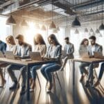 Equipo diverso de emprendedores trabajando en laptops en un espacio moderno de coworking, ambiente colaborativo y tecnológico.