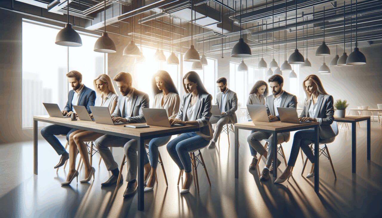 Equipo diverso de emprendedores trabajando en laptops en un espacio moderno de coworking, ambiente colaborativo y tecnológico.