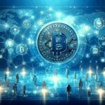 Gráfica abstracta de criptomonedas y nodos conectados sobre fondo tecnológico azul.