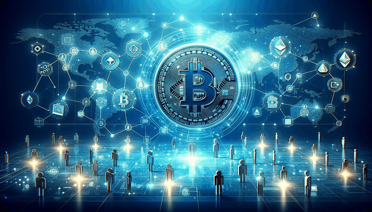 Gráfica abstracta de criptomonedas y nodos conectados sobre fondo tecnológico azul.