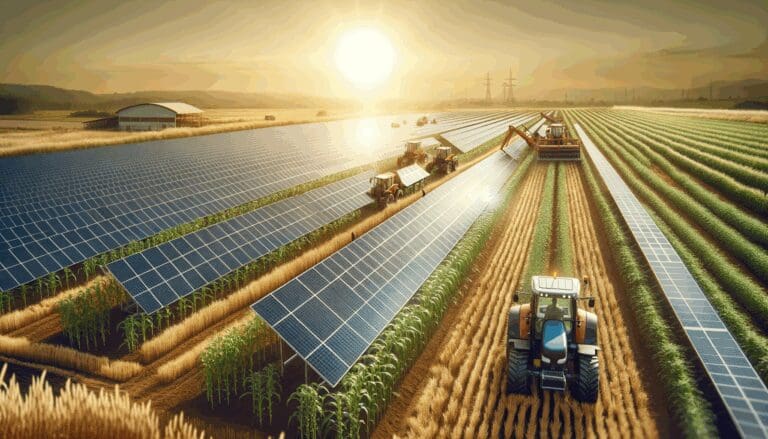 Paneles solares instalados en campos agrícolas con cultivos y maquinaria trabajando bajo el sol.