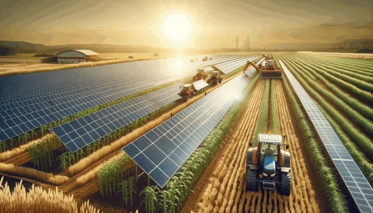 Paneles solares instalados en campos agrícolas con cultivos y maquinaria trabajando bajo el sol.