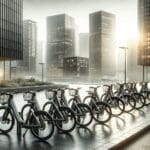 Bicicletas urbanas alineadas en una calle moderna bajo luz natural, entorno limpio y urbano.