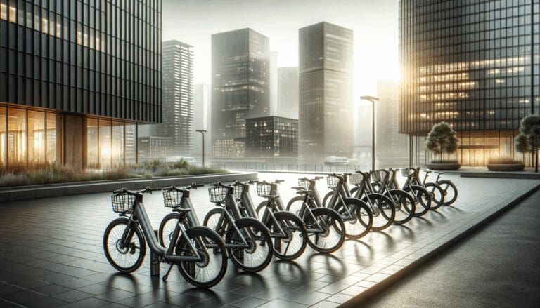 Bicicletas urbanas alineadas en una calle moderna bajo luz natural, entorno limpio y urbano.