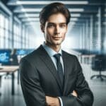 Retrato profesional en oficinas modernas, fondo desenfocado tecnológico y ambiente corporativo.