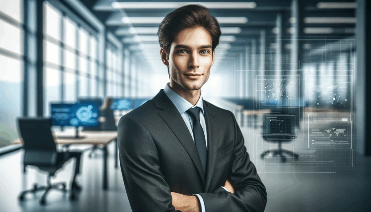 Retrato profesional en oficinas modernas, fondo desenfocado tecnológico y ambiente corporativo.