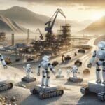 Robots autónomos operando en un paisaje minero con montañas al fondo