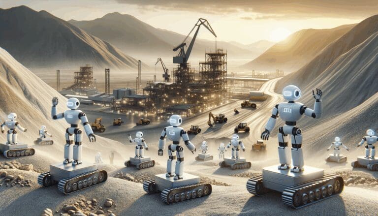 Robots autónomos operando en un paisaje minero con montañas al fondo