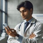 Médico usando un teléfono inteligente en un entorno moderno.