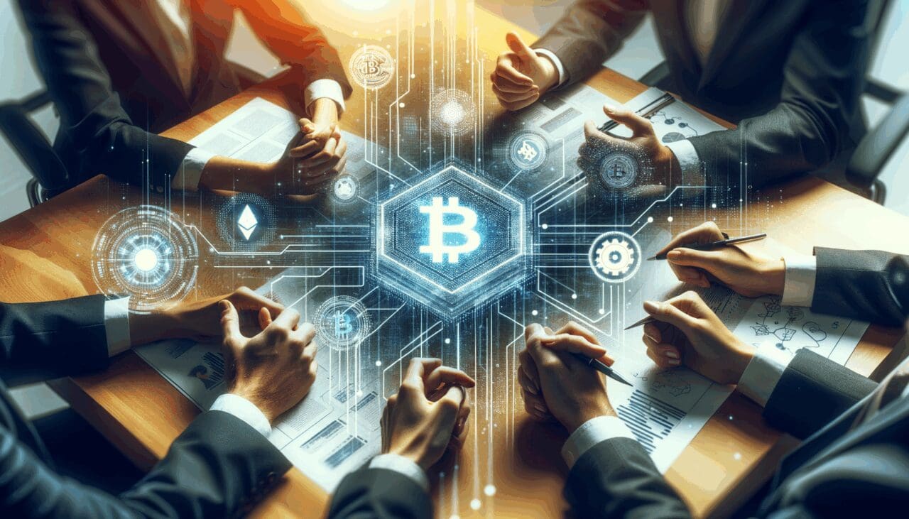 Fotografía conceptual de manos colaborando en una mesa con gráficos digitales y símbolos de blockchain.