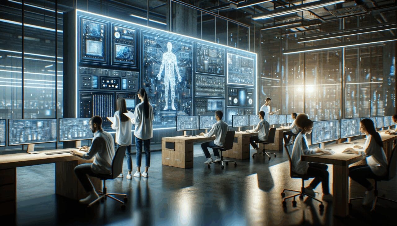 Equipo multicultural trabajando en un laboratorio tecnológico con placas de circuitos y pantallas iluminadas.