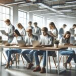 Equipo de jóvenes emprendedores trabajando en laptops en una oficina moderna y luminosa.