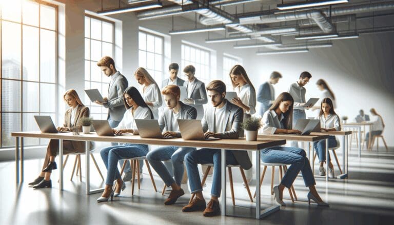 Equipo de jóvenes emprendedores trabajando en laptops en una oficina moderna y luminosa.