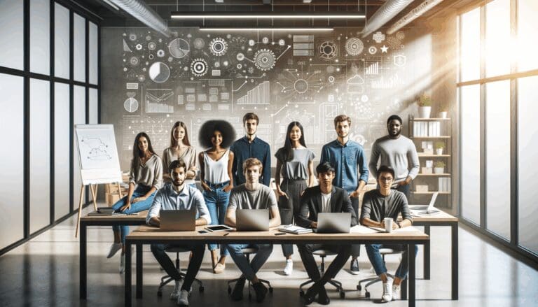 Grupo de jóvenes emprendedores trabajando juntos en una sala moderna de coworking, laptops y pizarras con diagramas de ideas tecnológicas.