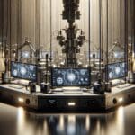 Primer plano editorial de un laboratorio tecnológico moderno con sensores, cables y luz tenue.