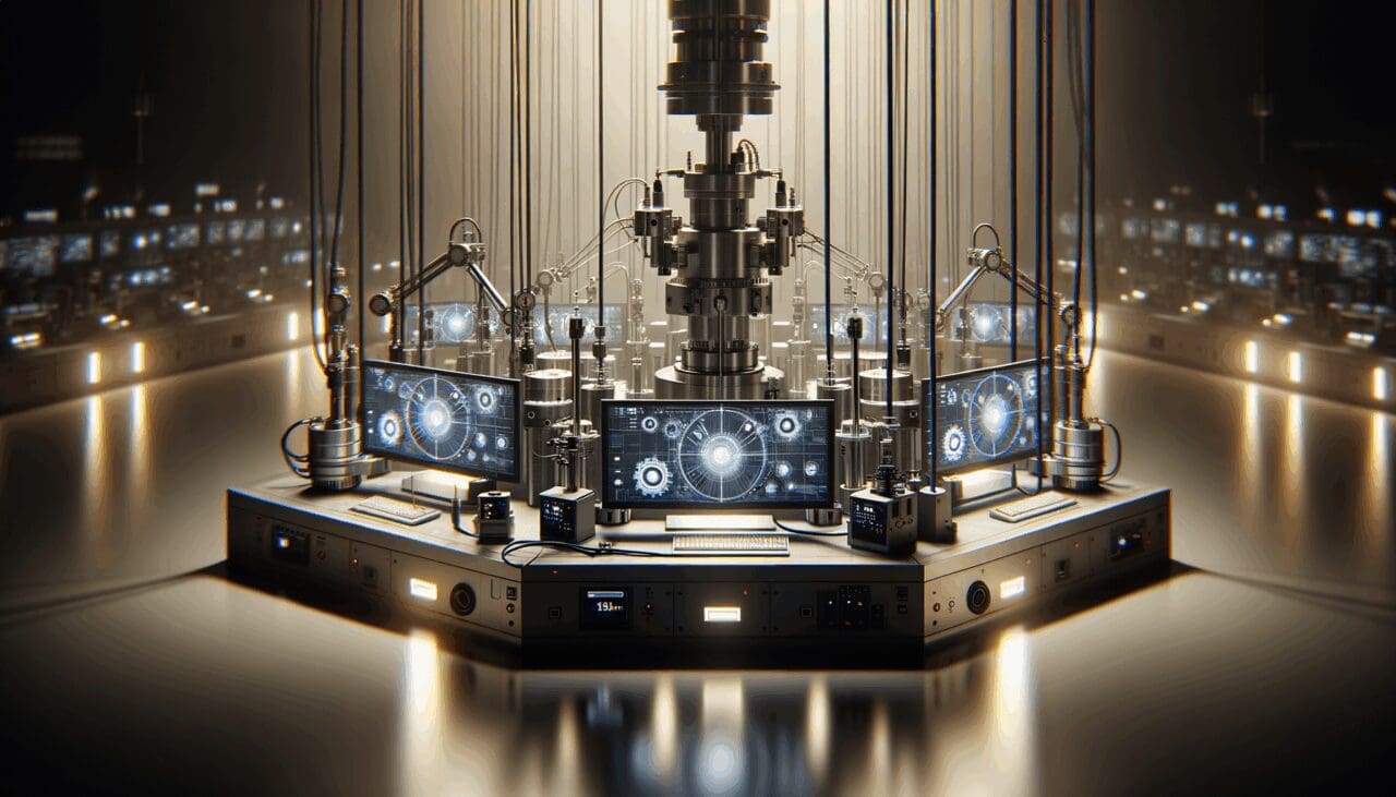 Primer plano editorial de un laboratorio tecnológico moderno con sensores, cables y luz tenue.