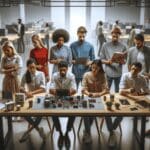 Grupo diverso de personas reunido en un espacio de coworking moderno, analizando proyectos tecnológicos en una mesa de trabajo.