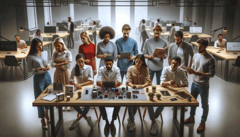 Grupo diverso de personas reunido en un espacio de coworking moderno, analizando proyectos tecnológicos en una mesa de trabajo.