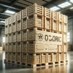 Primer plano de pallets ecológicos apilados en un almacén industrial moderno, resaltando materiales orgánicos.