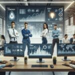 Equipo de jóvenes profesionales colaborando frente a pantallas con datos y gráficas energéticas en un coworking moderno.