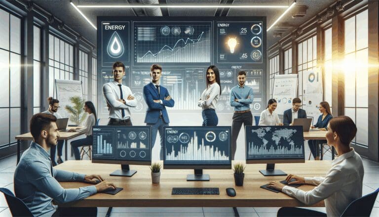 Equipo de jóvenes profesionales colaborando frente a pantallas con datos y gráficas energéticas en un coworking moderno.