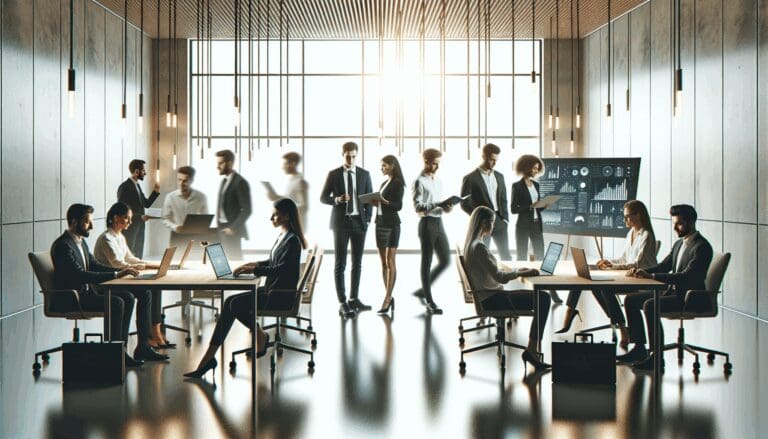 Emprendedores reunidos en un moderno espacio de coworking, laptops y pizarras iluminadas a su alrededor.