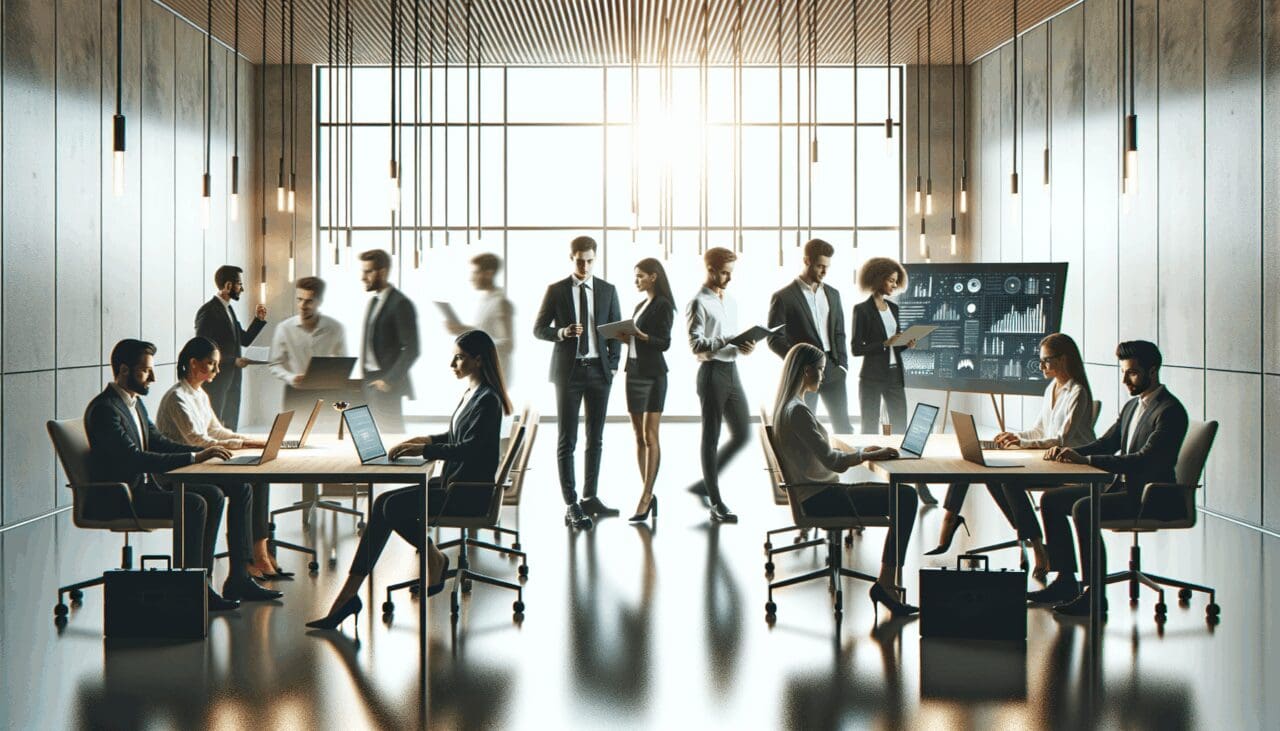 Emprendedores reunidos en un moderno espacio de coworking, laptops y pizarras iluminadas a su alrededor.