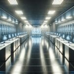 Laboratorio tecnológico con computadoras de alta gama, luces tenues y ambiente futurista.